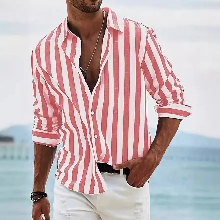 Men's striped loose long-sleeved shirt in British cardigan style with yarn-dyed pattern