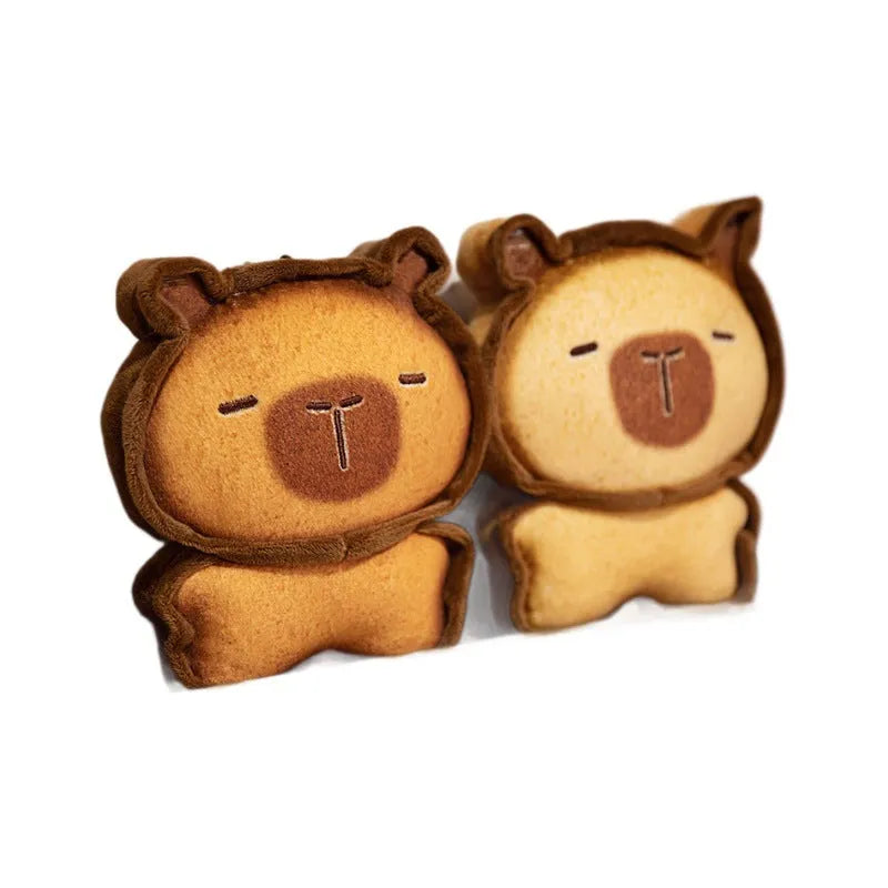 Toast kitty plush toy in caramel or light brown with soft PP cotton filling, available in 17cm, 30cm, and 50cm heights.