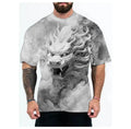 Men's gray dragon print short sleeve t-shirt in loose fit polyester fabric on plain background