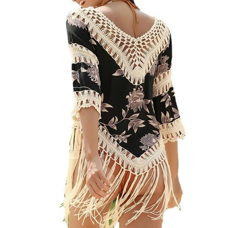 Women's apricot V-neck sun protection shirt with hollow-out loose sleeves on a mannequin.