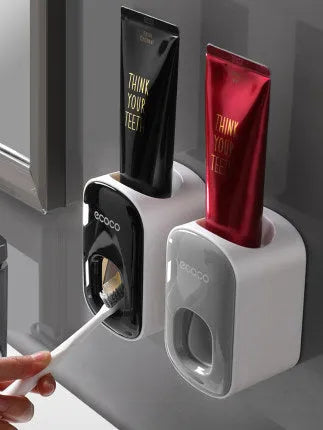 Wall mounted automatic toothpaste dispenser with toothbrush holder and mouthwash cup in black plastic