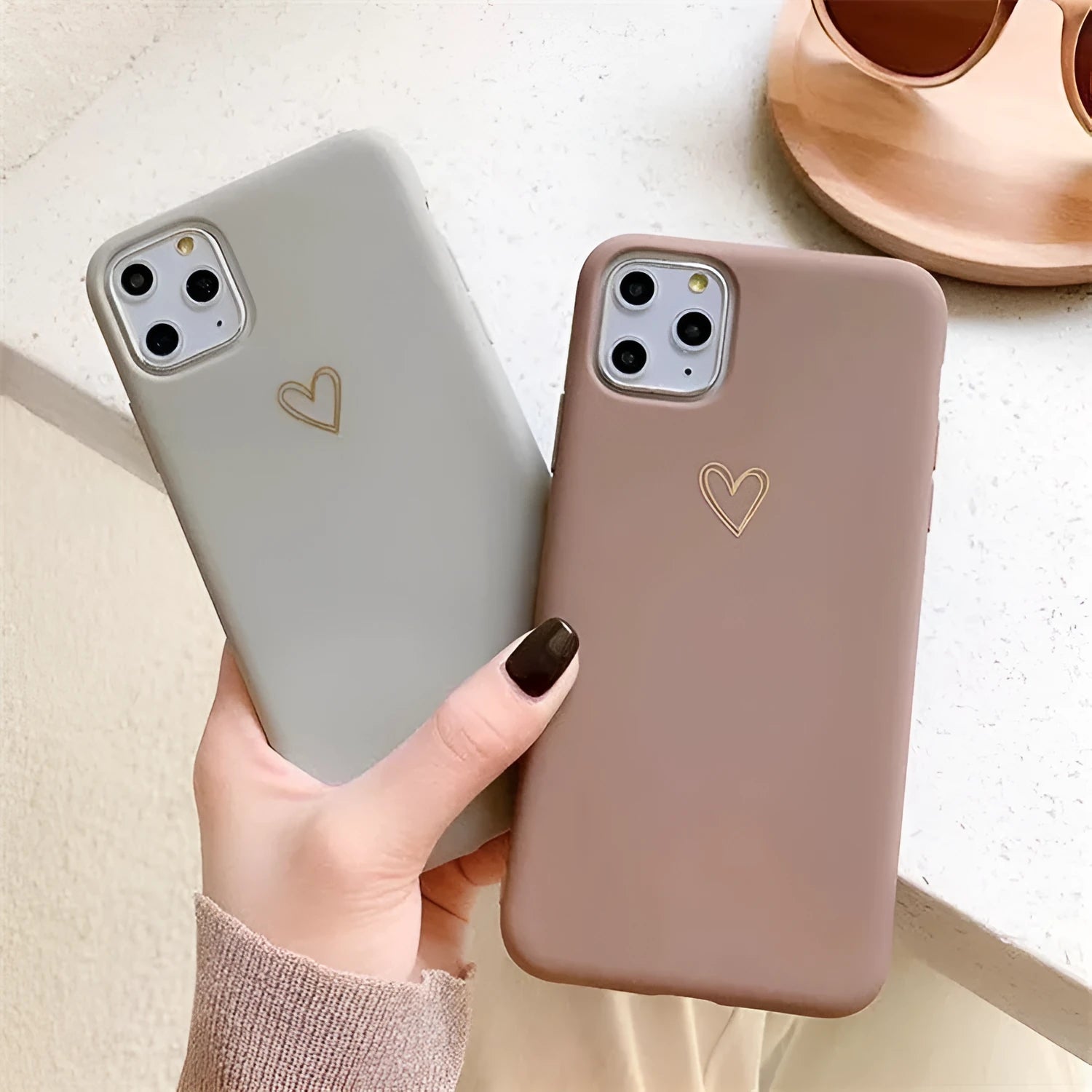 TPU matte feel silicone iPhone case with hand-painted love design, bronzing process, and lanyard holes, in blue colour