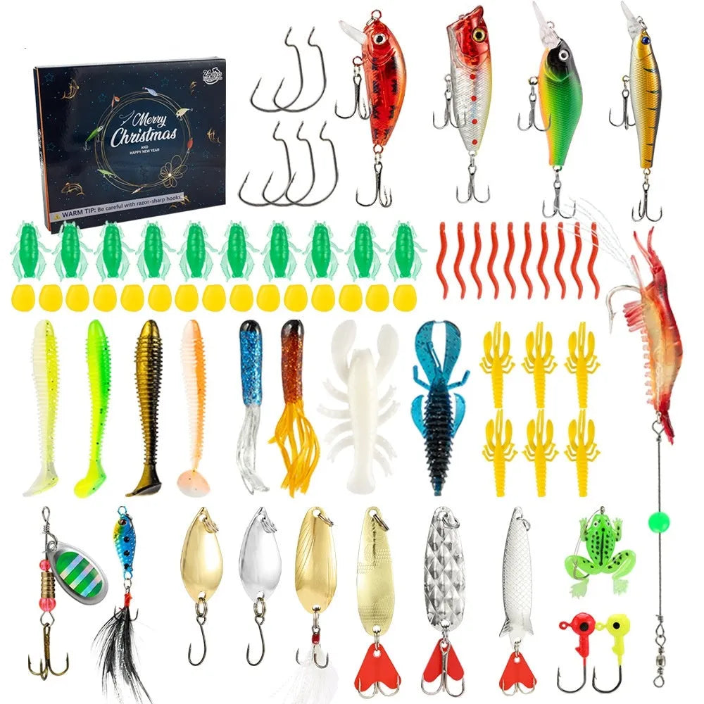Mino Bog 24-piece metal fishing lure set inside a black plastic storage case with six compartments.