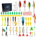Mino Bog 24-piece metal fishing lure set inside a black plastic storage case with six compartments.