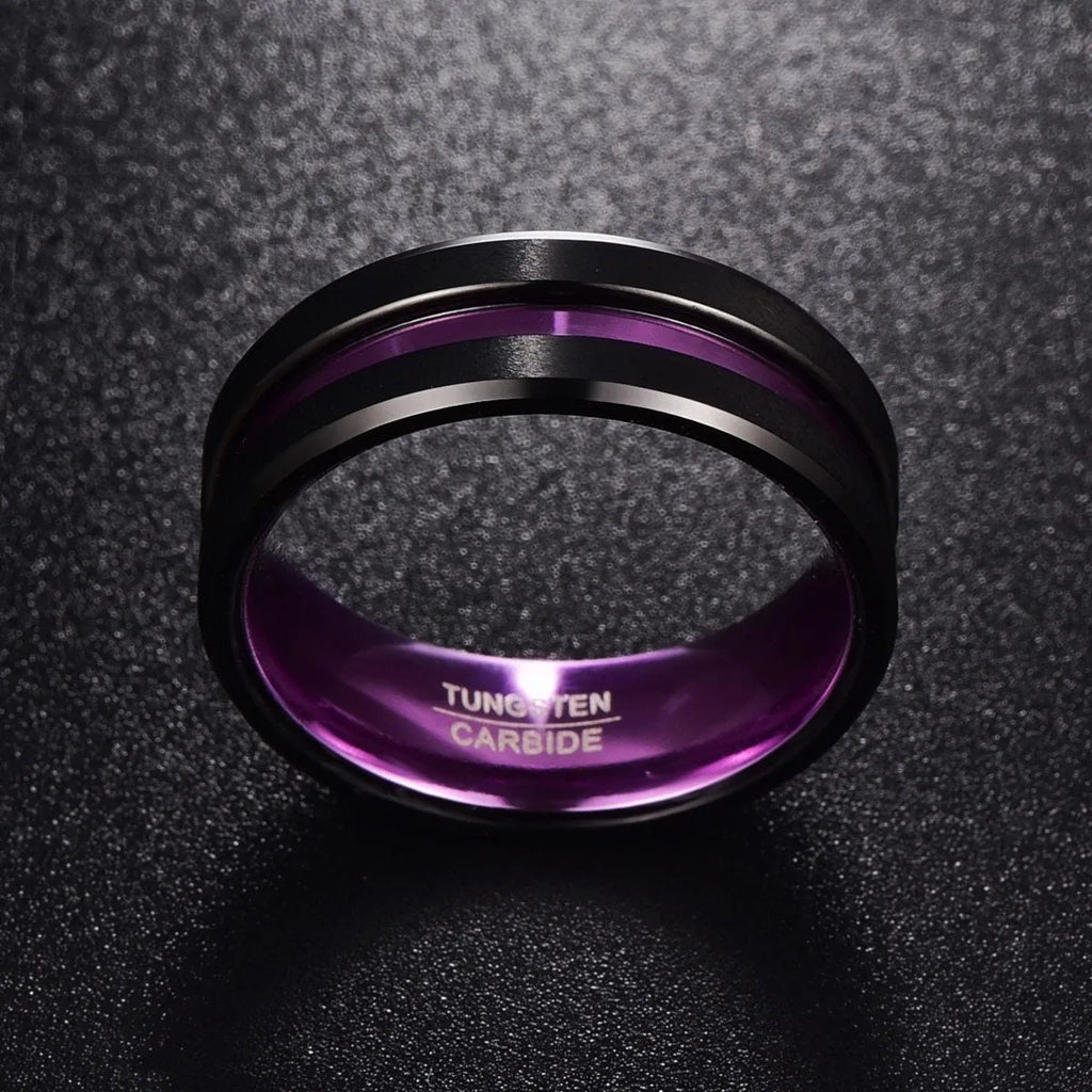 Tungsten carbide men's ring with purple inner ring and frosted groove finish on white background