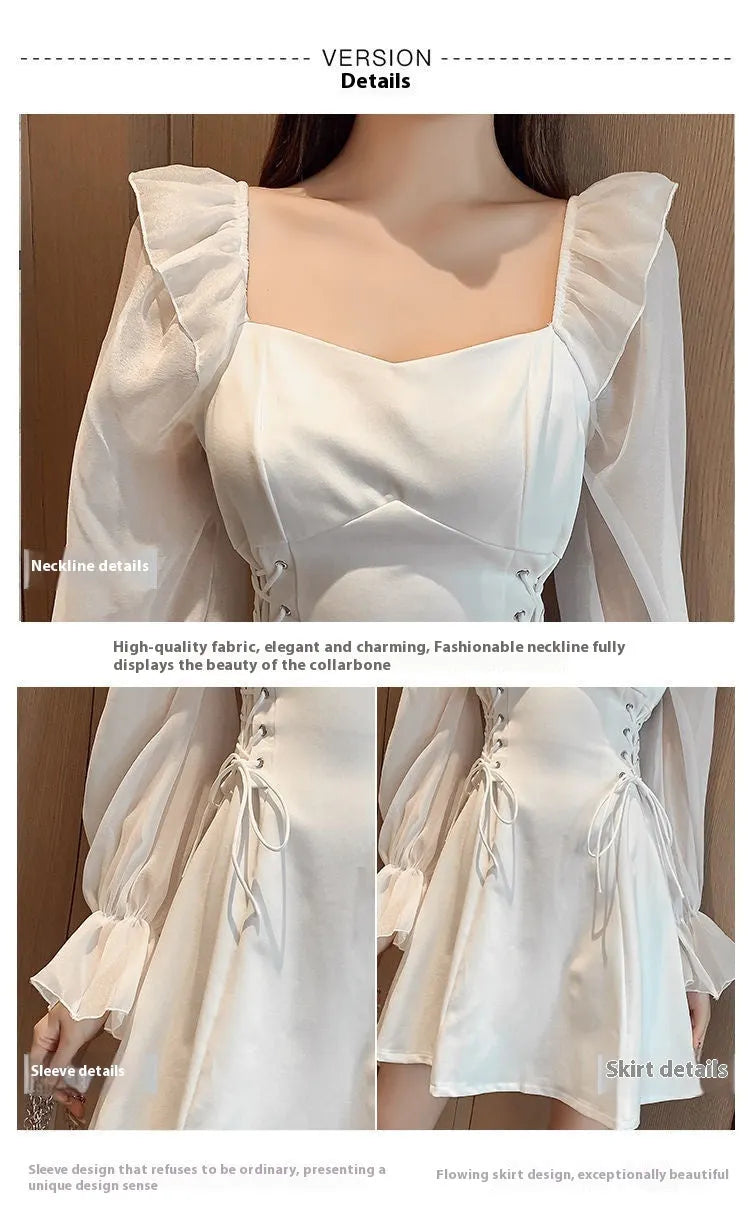 White chiffon patchwork waist-slimming dress with long sleeves and floor-length skirt