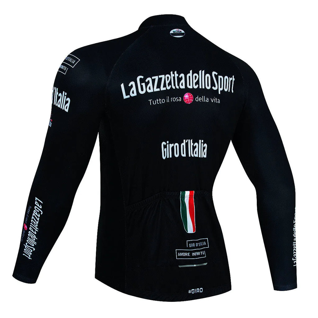 Long sleeve mountain bike cycling jersey in a patterned colour, shown on a model.