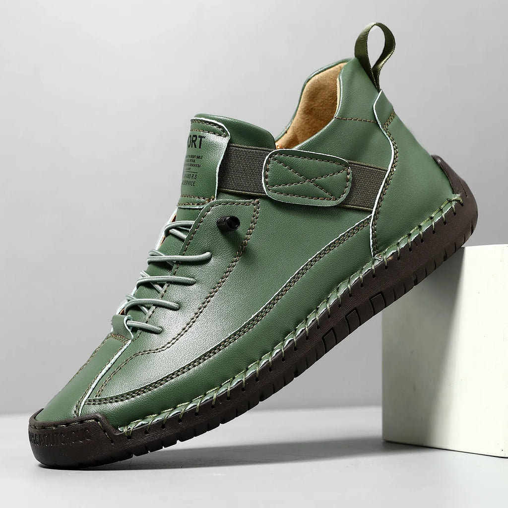 Men's mid-top Martin boots in khaki with tooling stitching and an elastic band ankle