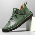 Men's mid-top Martin boots in khaki with tooling stitching and an elastic band ankle