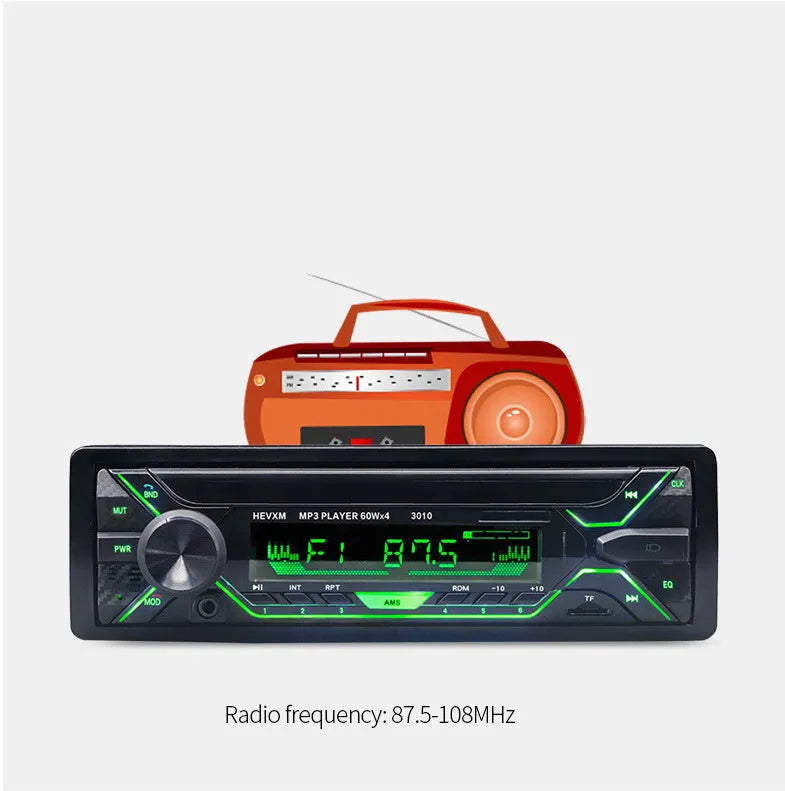 Single DIN car stereo with LCD display, USB port, and control buttons for Bluetooth and MP3 playback.
