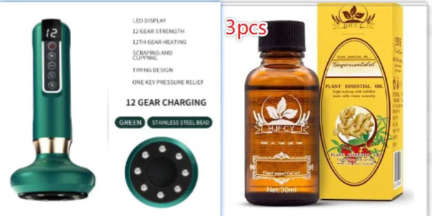 Green electric vacuum cupping massager with Gua Sha head on USB charging cable