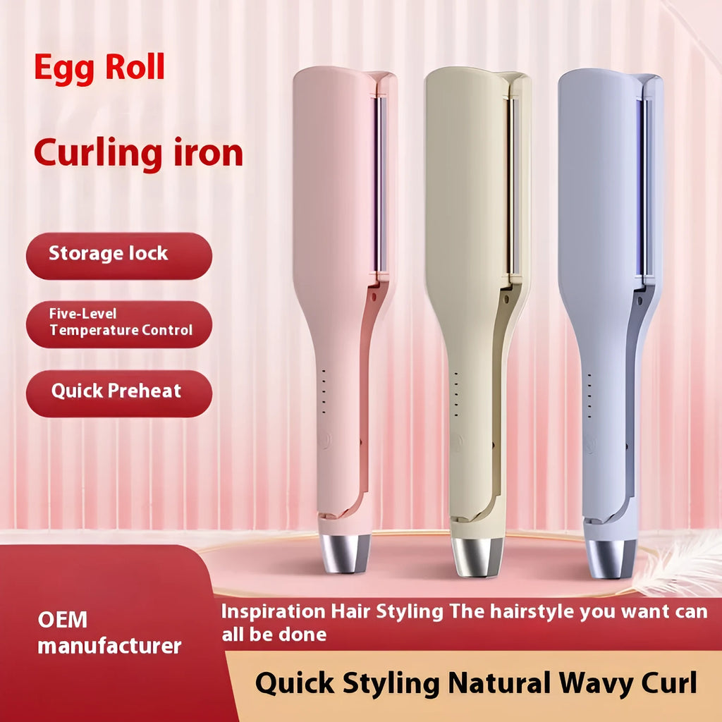 Automatic big wave egg hair curler in peach pink with wired AC power, dual-use curling and straightening