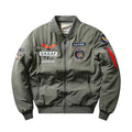 Men's slim-fit stand collar retro motorcycle cotton-padded coat in blue with embroidery and patch pockets.