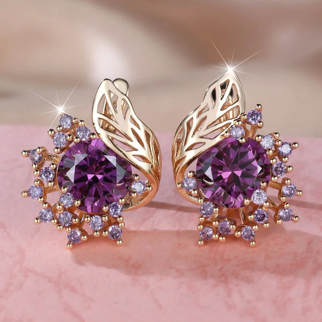 Round flower feather zircon earrings with champagne gold finish and coloured stone centre