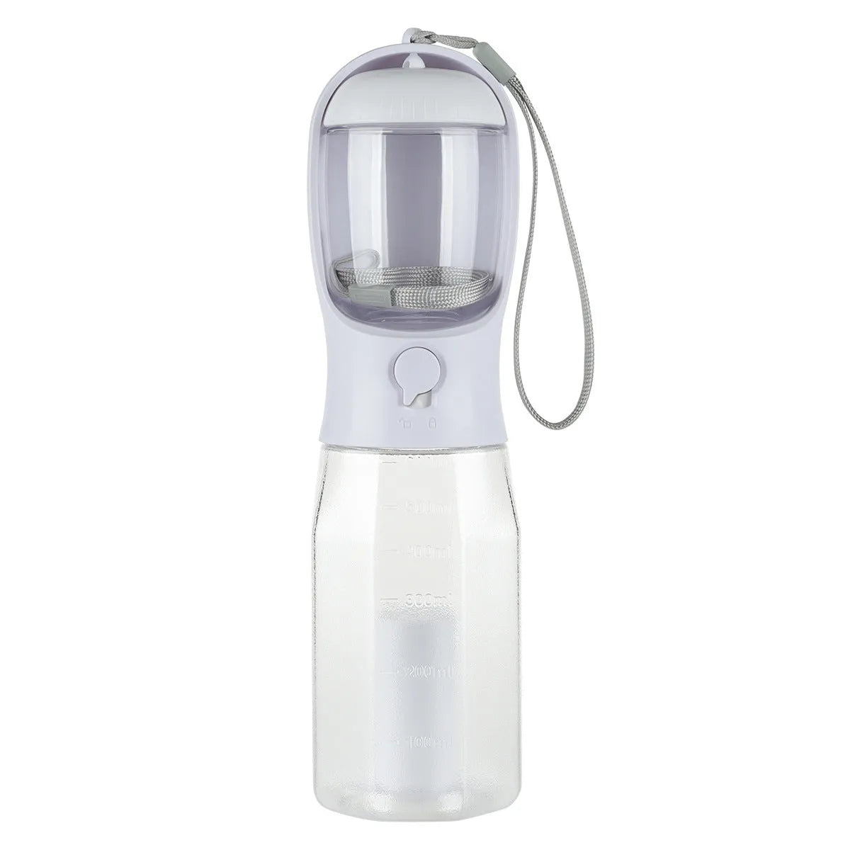 Turquoise portable 3-in-1 dog water bottle with food feeder and built-in poop bag dispenser on a walk