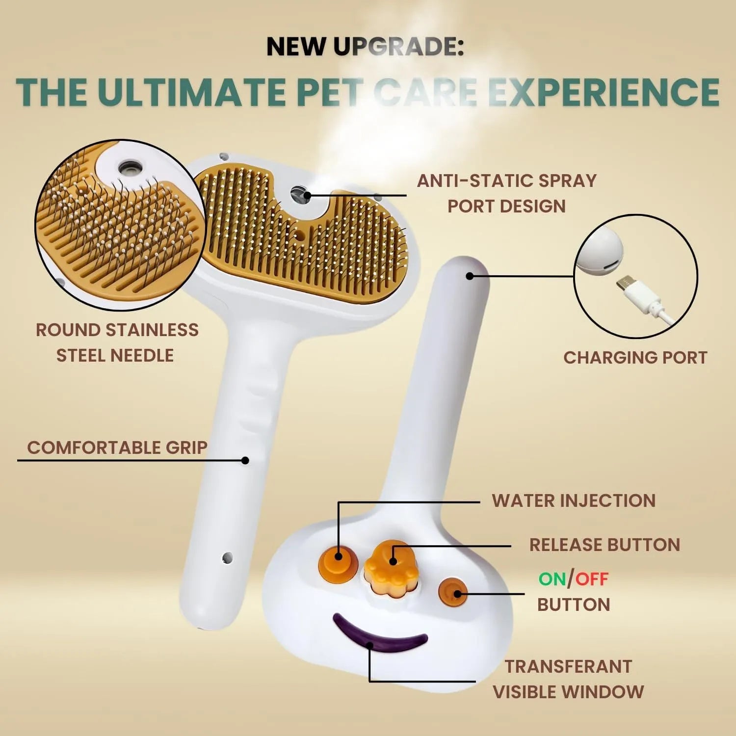 White pet grooming brush with steam spray function and self-cleaning mechanism