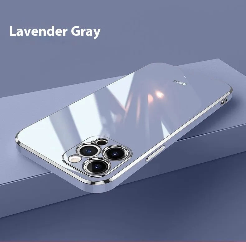 iPhone 15 Pro in a mint green TPU phone case with a silver electroplated edge on a white surface.