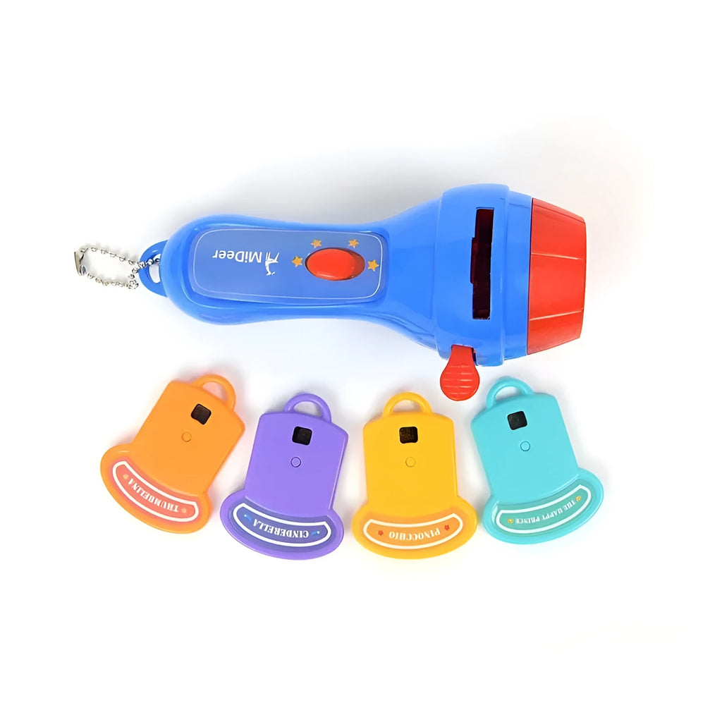 SmartKids kids storybook projector torch with four fairy tale discs projecting image on wall