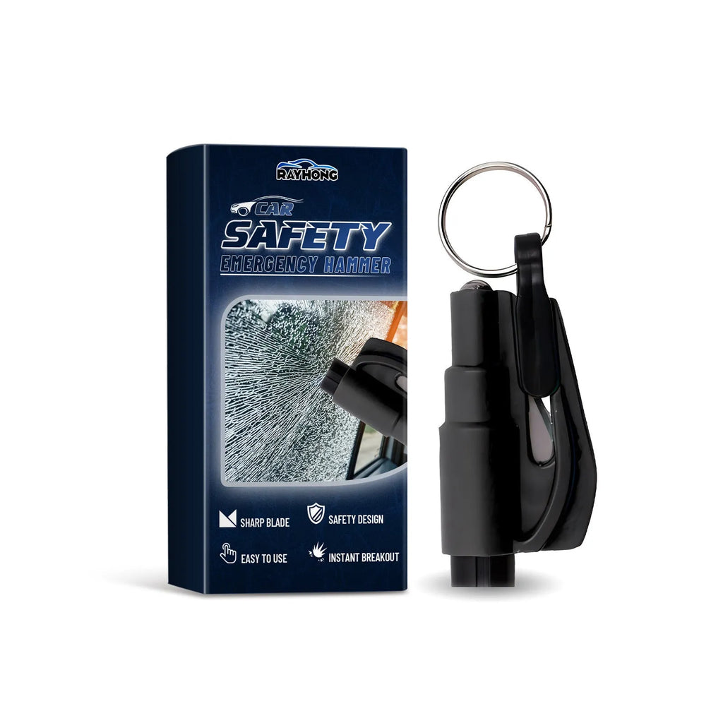 Compact car emergency hammer with seatbelt cutter measuring 3.5 by 7.5cm