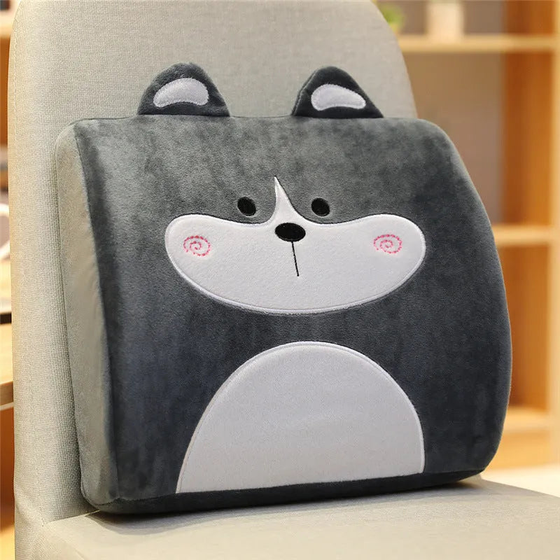 Cartoon memory foam lumbar support cushion with removable core, shown in Pink Unicorn design with embroidery detail.