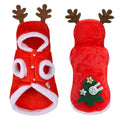 Red flannel Santa dog costume for small dogs with coat design, shown on a pet, sizes XS to XL