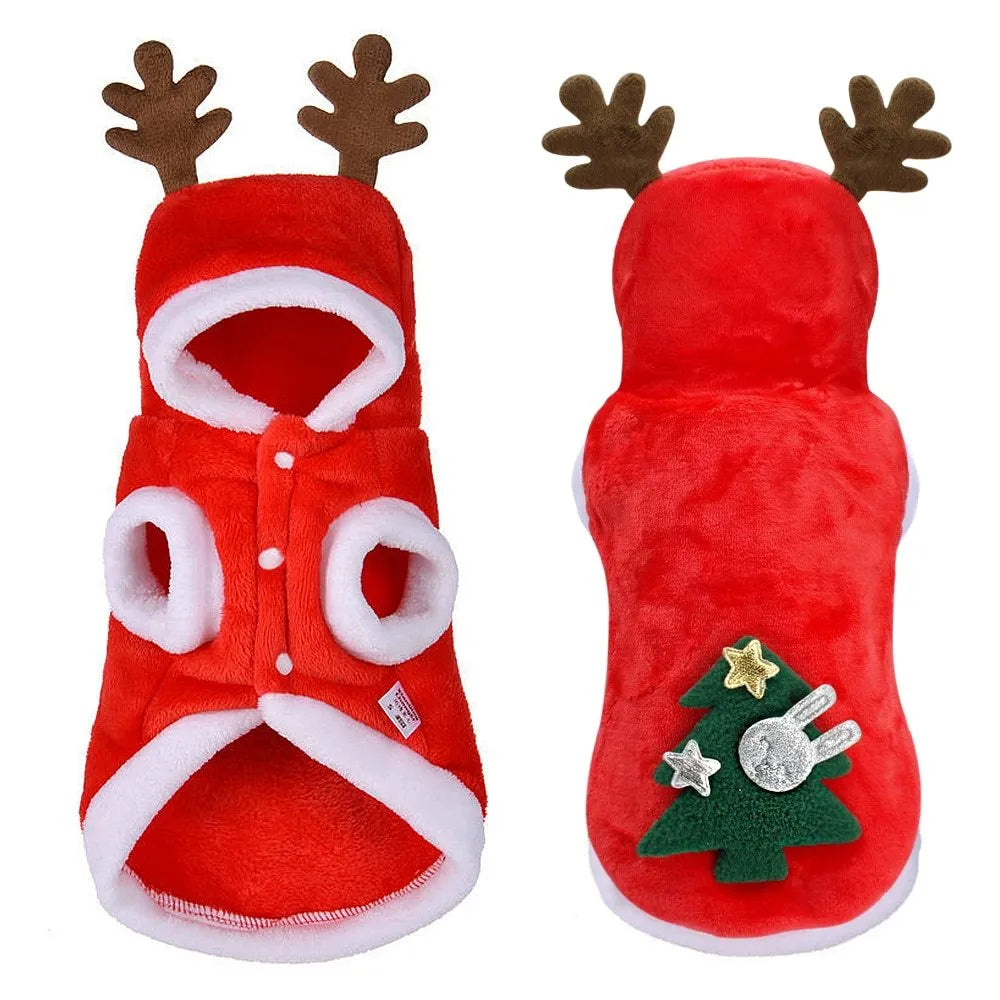 Red flannel Santa dog costume for small dogs with coat design, shown on a pet, sizes XS to XL