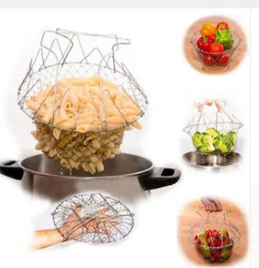 Stainless steel foldable deep fry basket with a grid design and a handle.