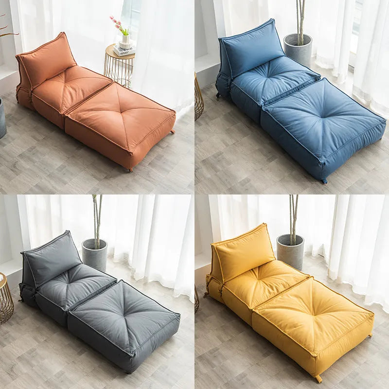 Folding back chair floor seat in technology cloth, fine particle filled, navy blue colour, side view