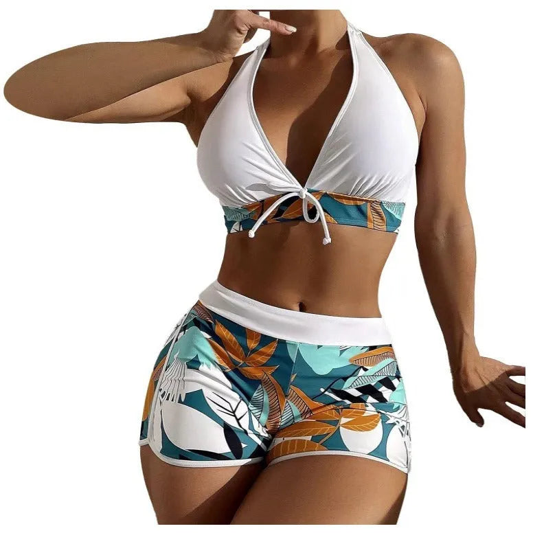 Women's solid colour top leaf print boxers swimsuit set in white, backless briefs, polyester