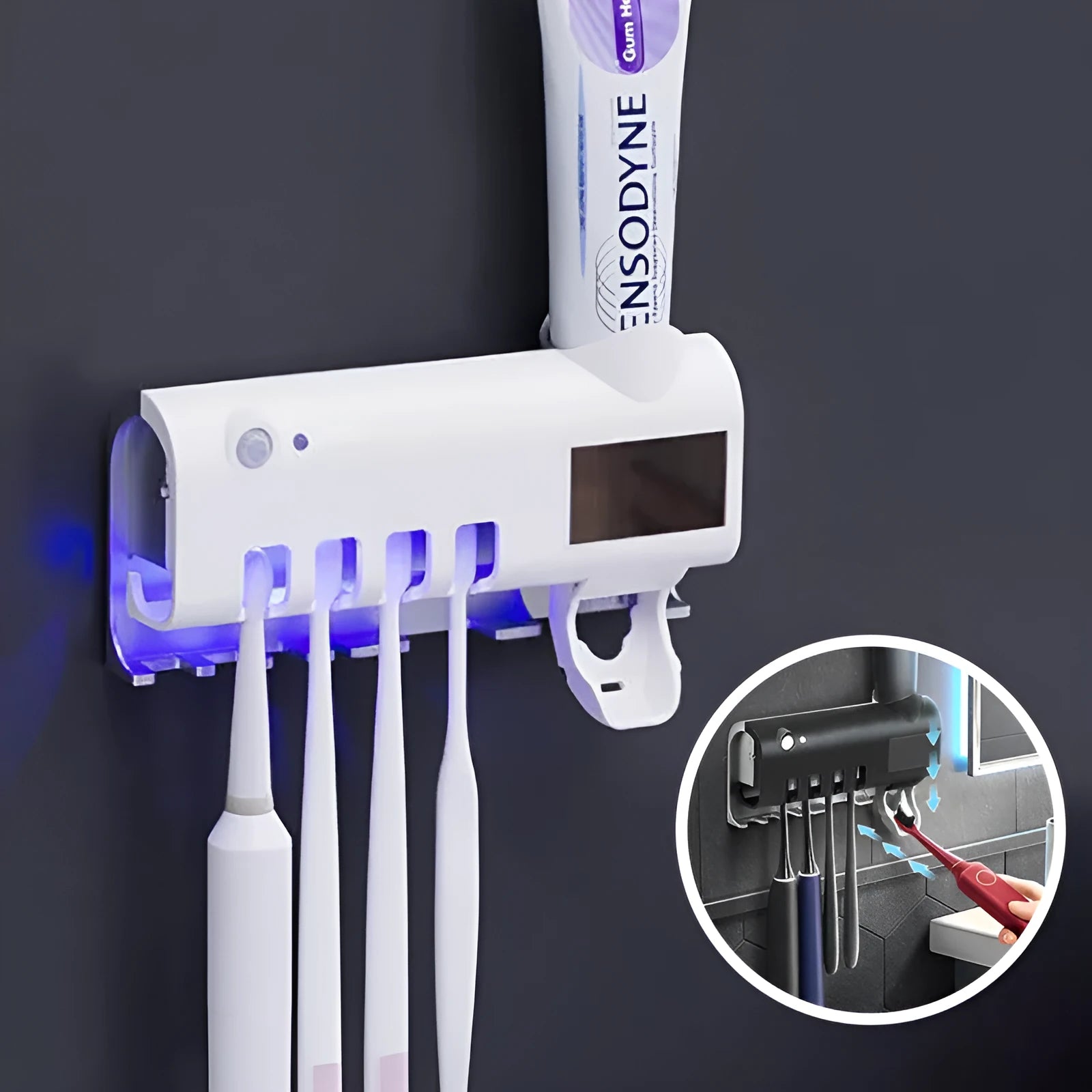 Wall-mounted UV toothbrush steriliser with automatic toothpaste squeezer in black or white colour