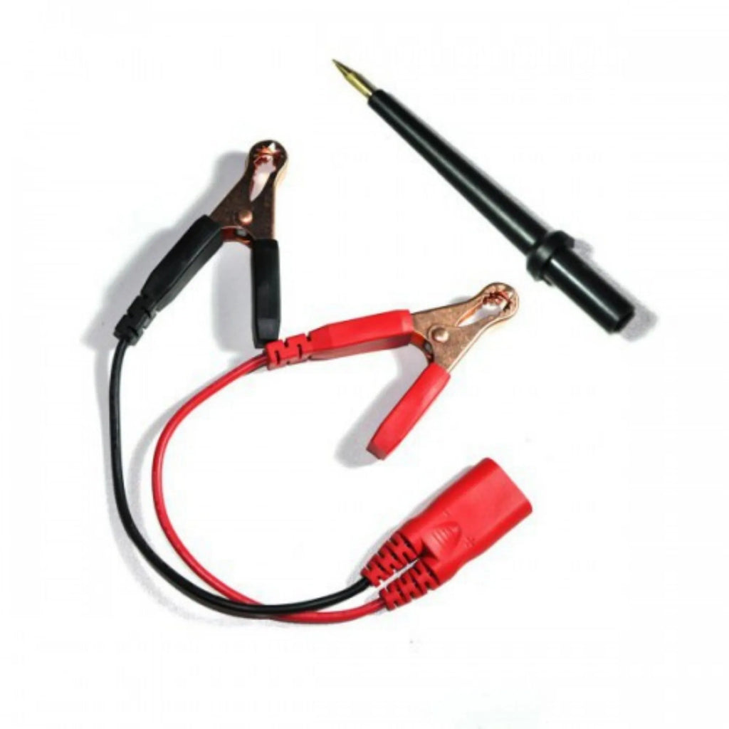 Blue automotive power circuit test pen with colour display, extension cable, and accessories in a blow moulded case.