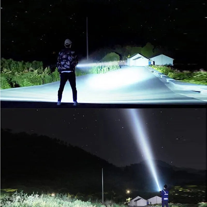 Black aluminium alloy XHP90 LED tactical flashlight showing dimensions and switch.