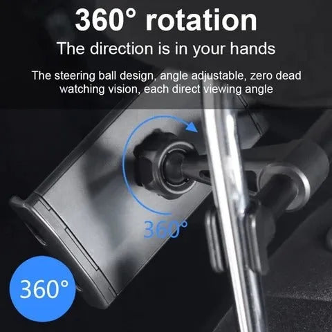 Black universal car phone holder mounted on rear seat base with tablet secured in clamp