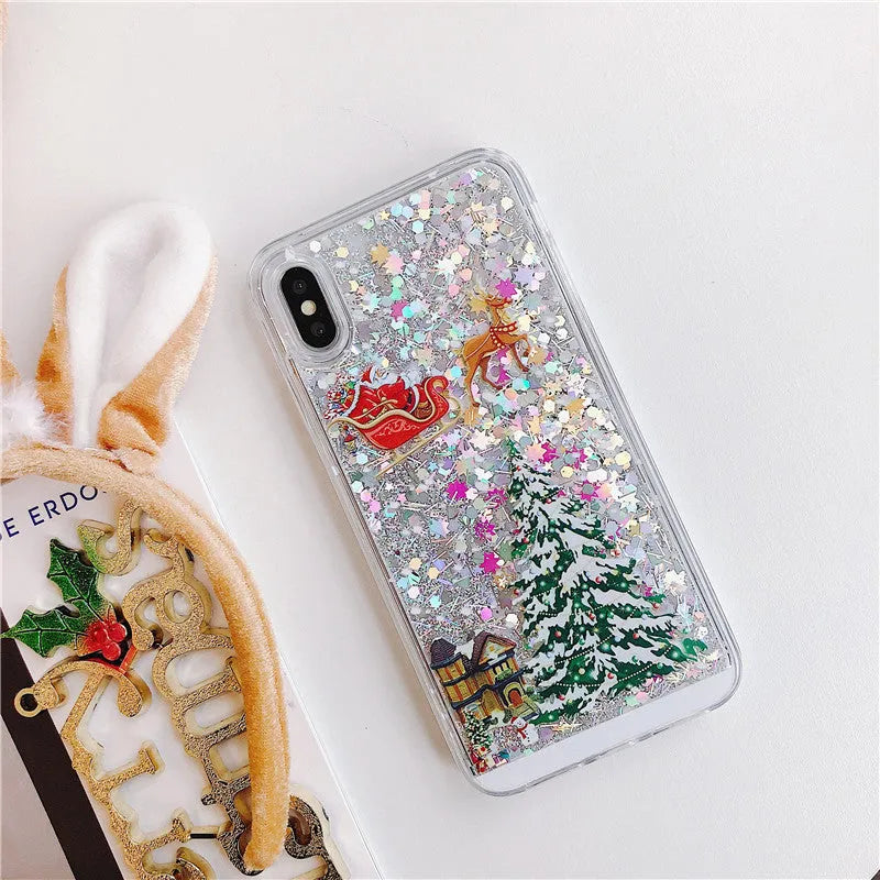 Transparent quicksand iPhone case with Santa Claus Christmas tree design in pink colour