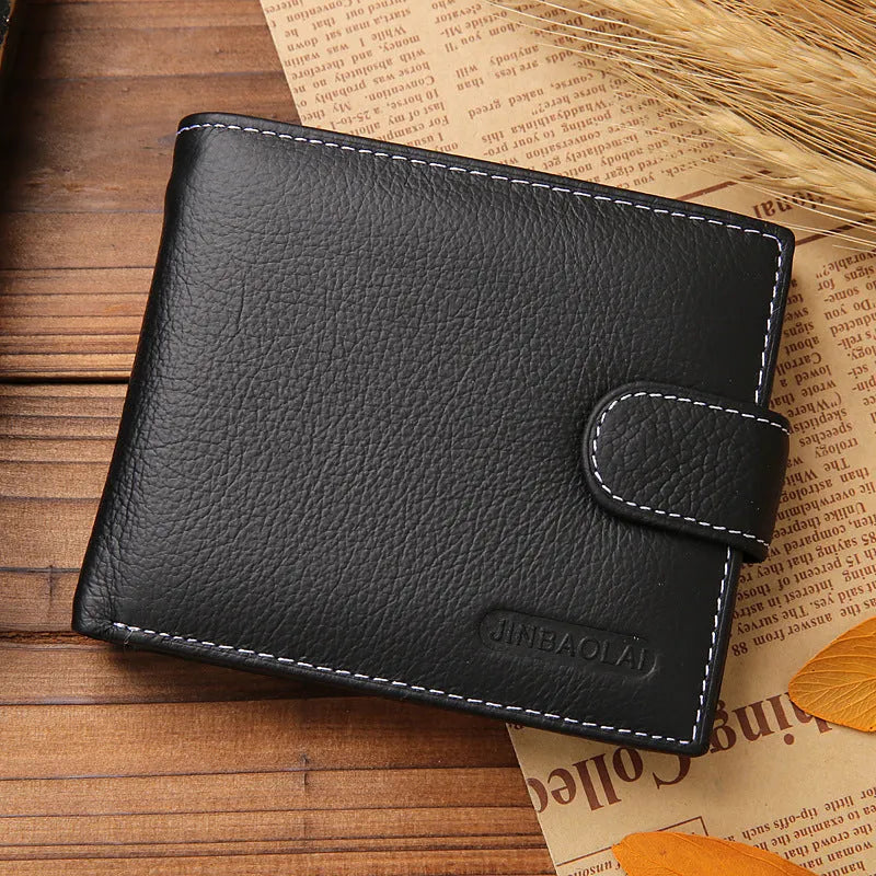 Men's short genuine leather wallet with zipper buckle, first layer cowhide, available in black or brown