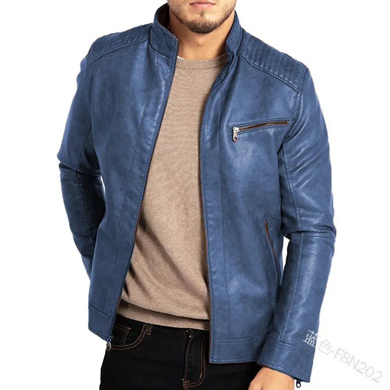 Men's brown artificial leather punk motorcycle jacket with stand collar and patch pocket.