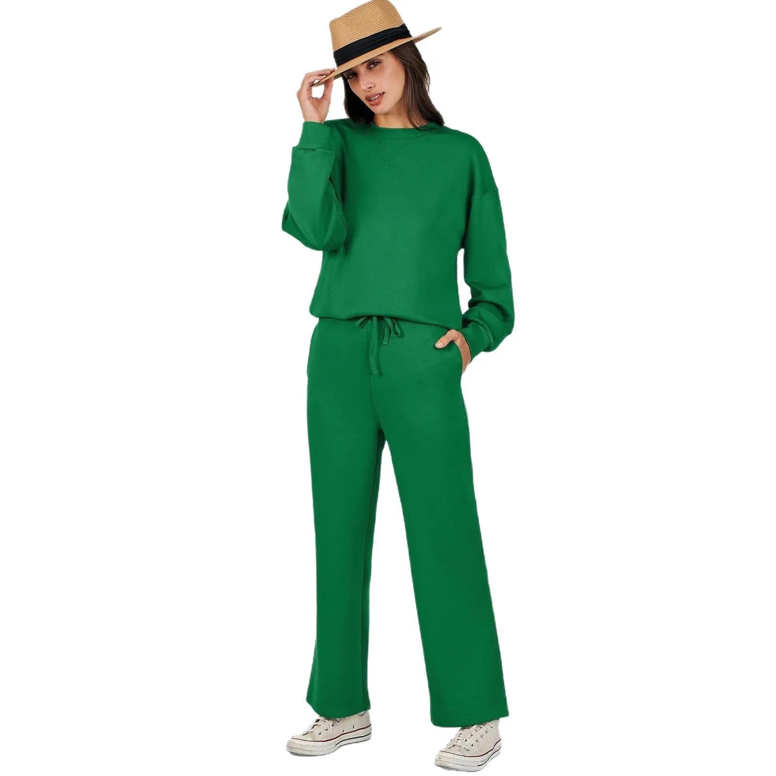 Women's colour block long sleeve sweater suit with trousers in street hipster European and American style