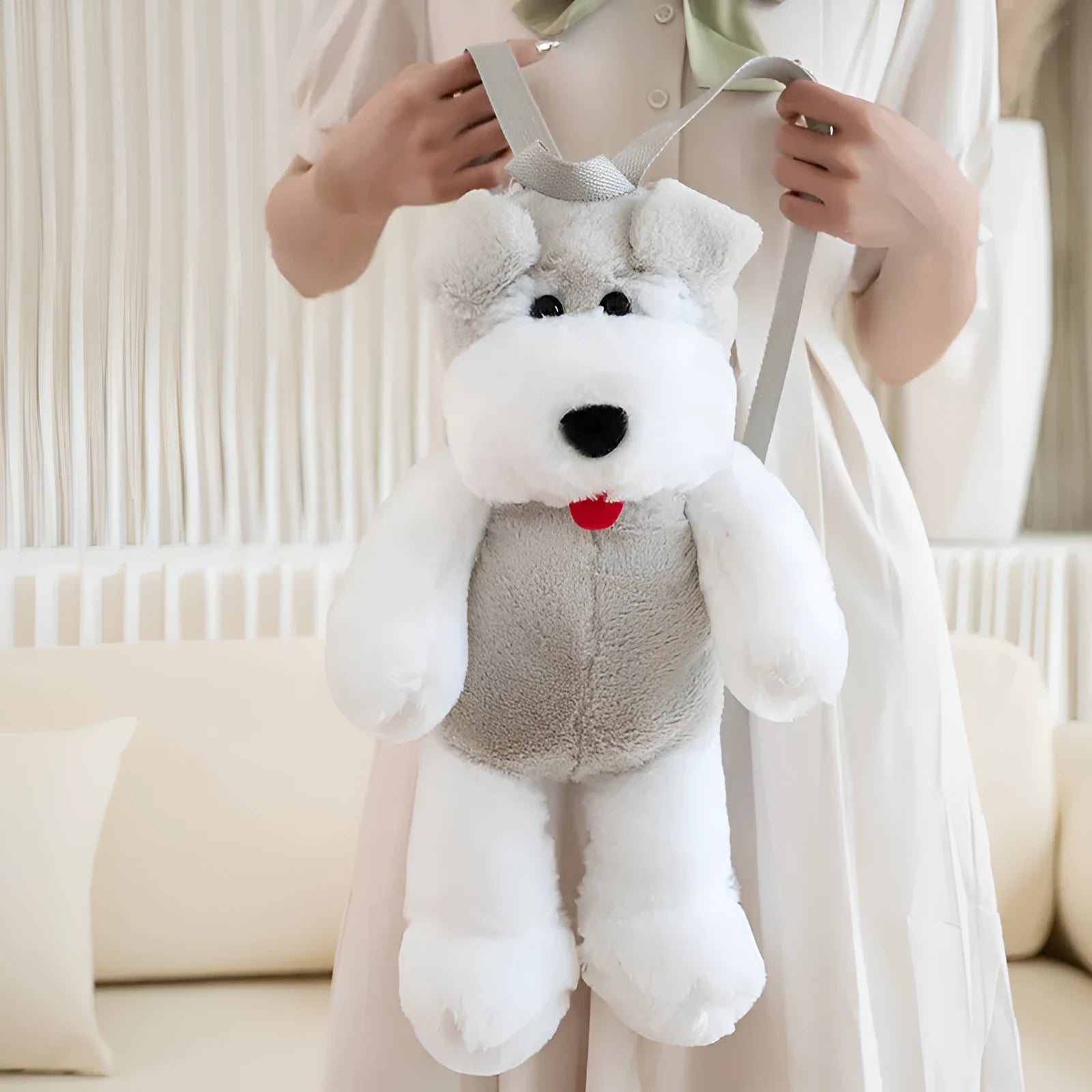 Light gray schnauzer plush backpack with ultra-light design, 45x22x20cm dimensions