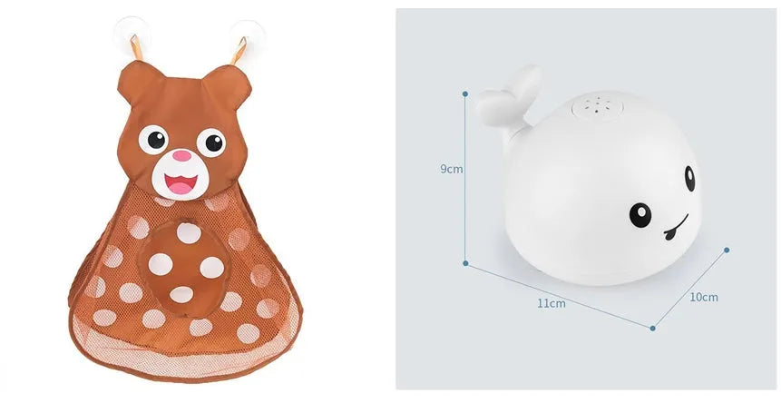 Electric whale-shaped bath spray toy with water-activated automatic spray, LED lights, and floating capability