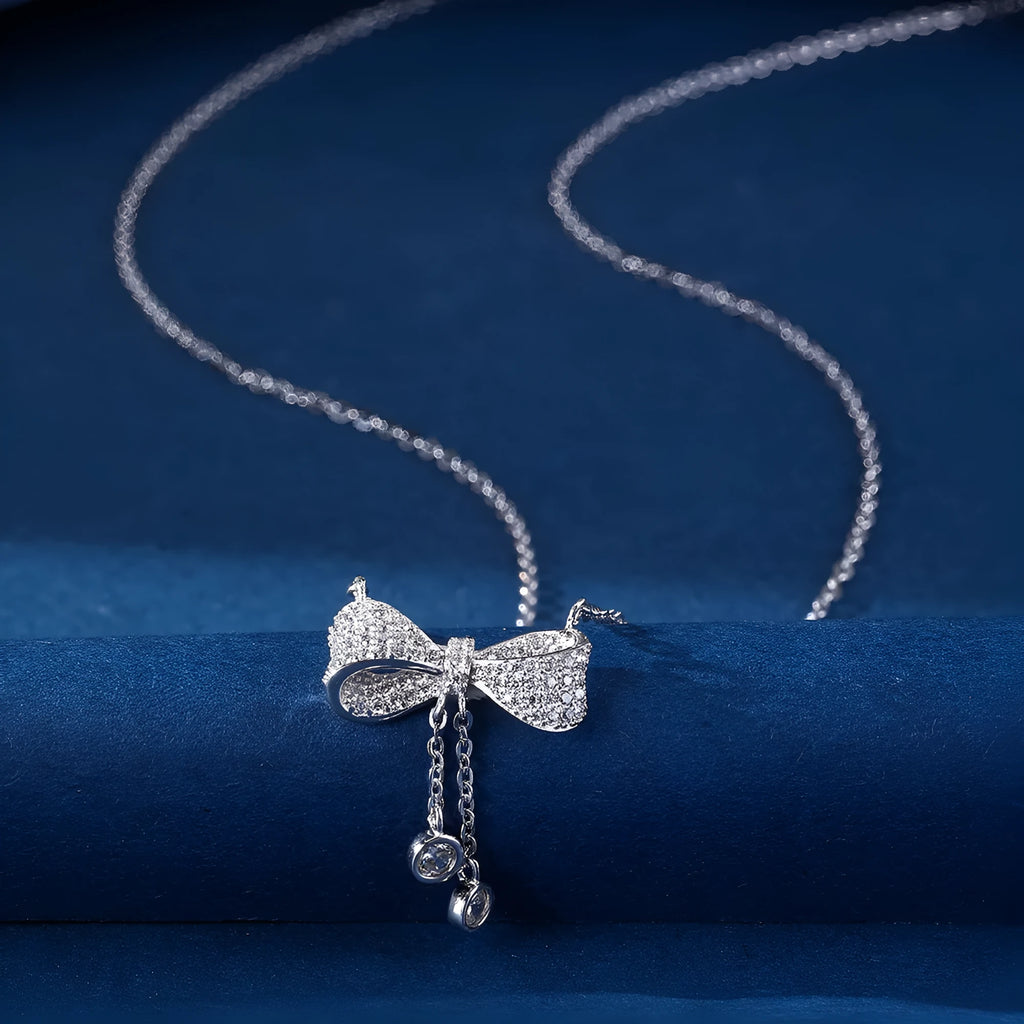 S925 sterling silver bow pendant necklace on O-ring chain, silver electroplated finish
