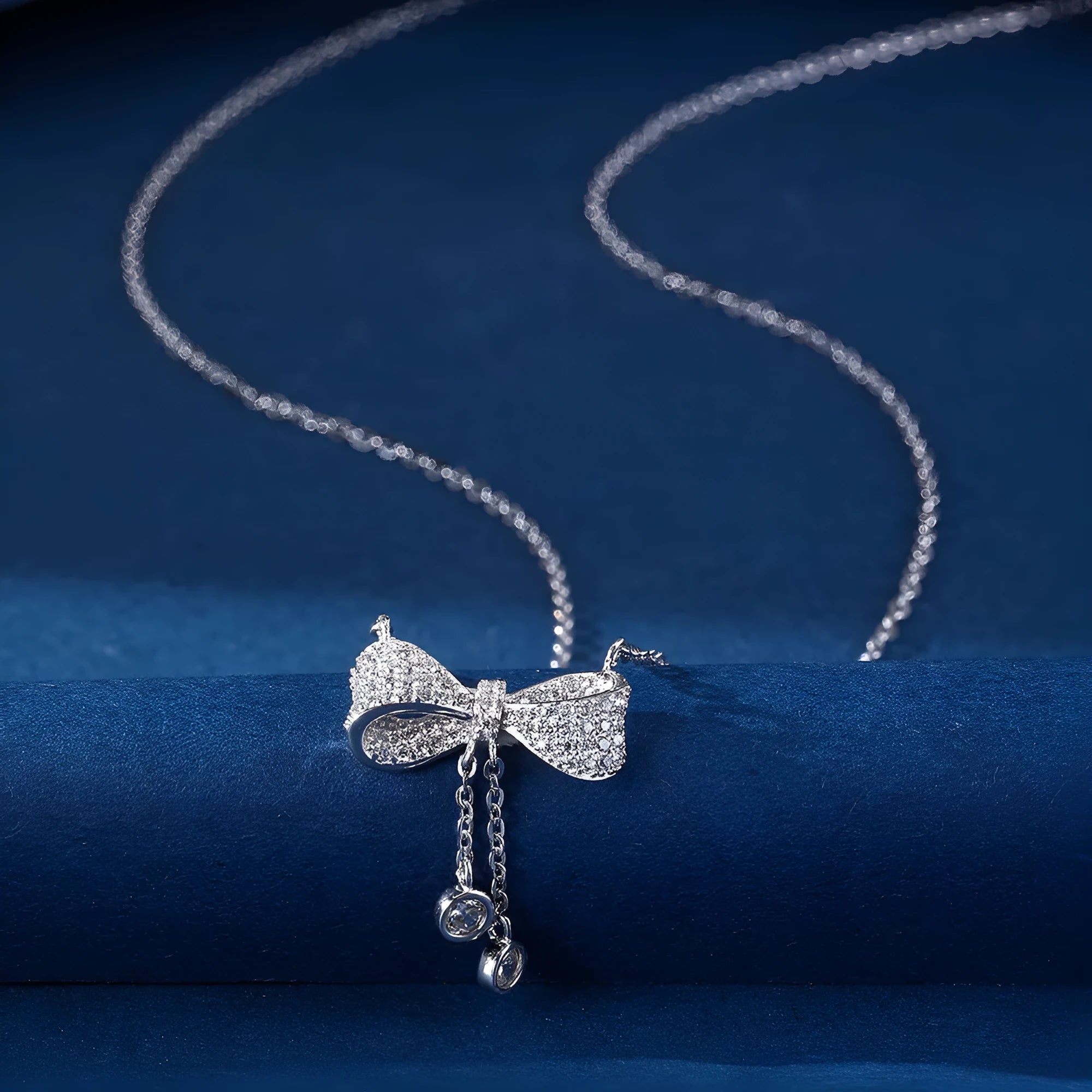 S925 sterling silver bow pendant necklace on O-ring chain, silver electroplated finish