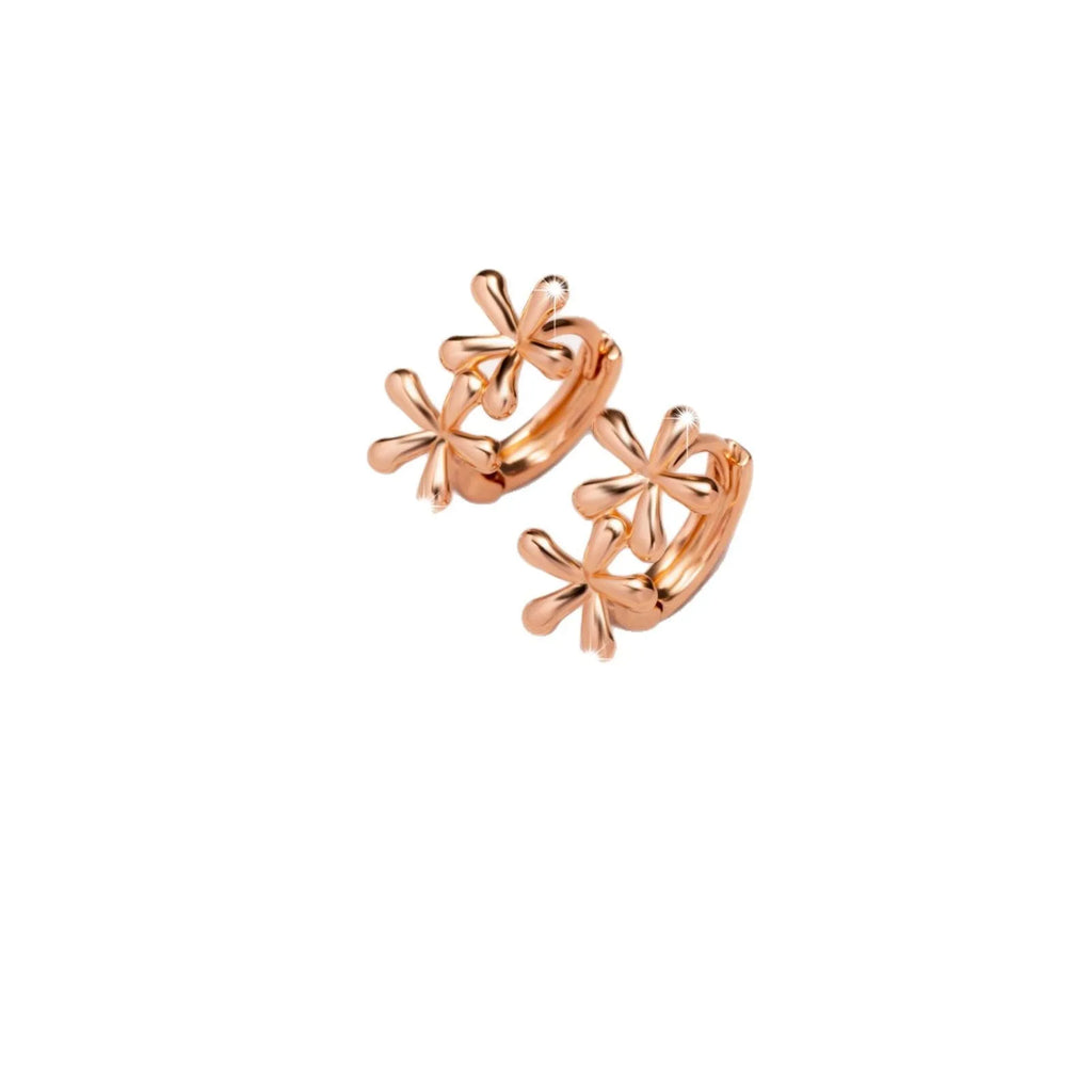 Rose gold circular earrings with a raised waterdrop floral design on a white background.