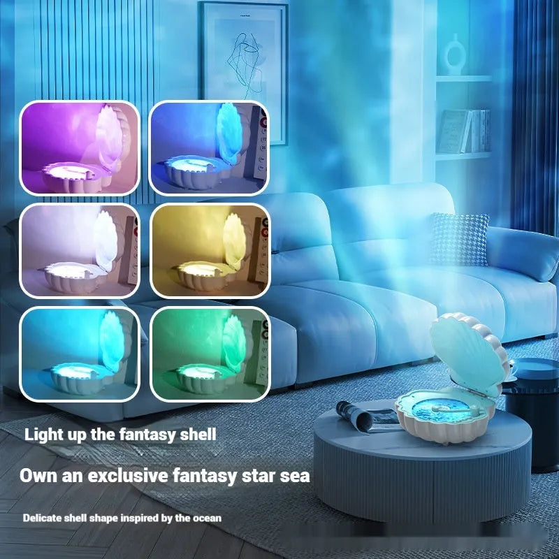 Retro vinyl record player design shell lamp in a choice of blue and purple colours, placed on a surface.