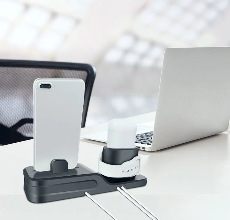 Black silicone 3-in-1 charging base for Apple iPhone, iWatch and AirPods