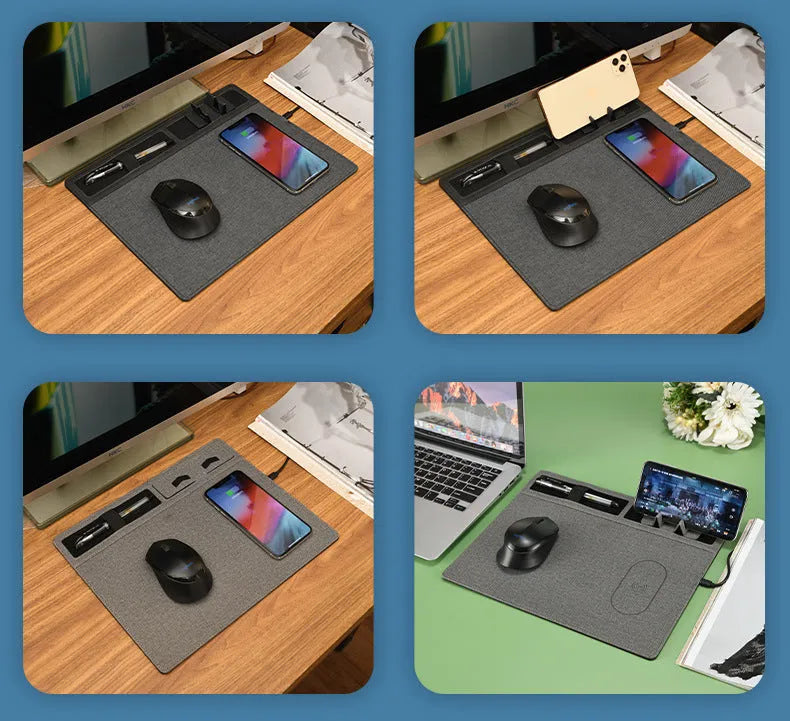 Wireless charging mouse pad with phone holder in black, showing USB cable and 320mm by 260mm size.