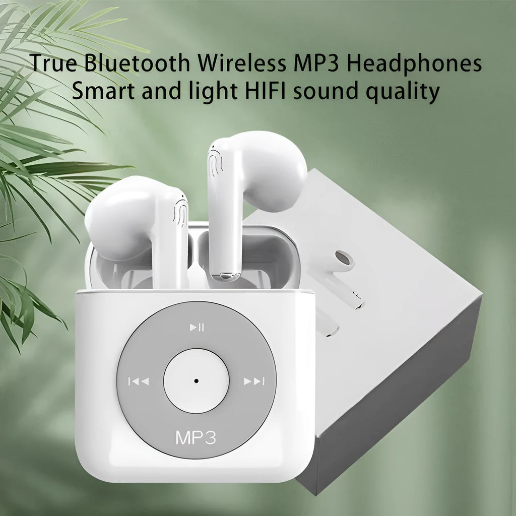 White wireless Bluetooth semi in-ear earphones with a charging case on a white background.