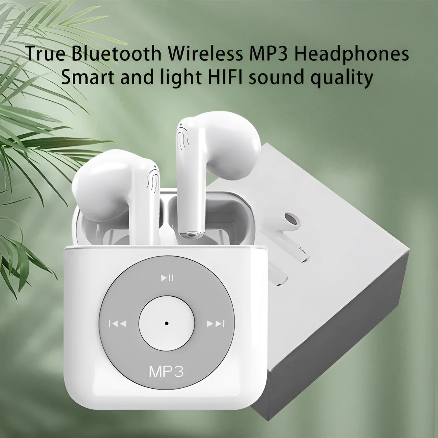 White wireless Bluetooth earphones with a semi-in-ear design and a matching charging case.