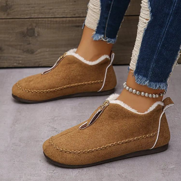 Women's casual solid colour suede retro snow boots, low-top, cotton lining, rubber sole, available camel and black