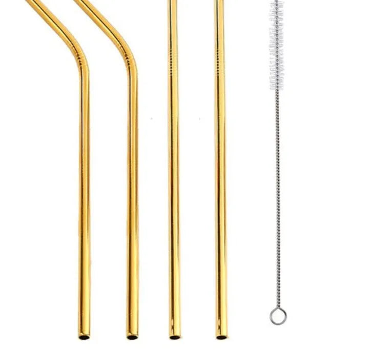 Set of four colourful reusable stainless steel straws in straight and bent styles with a cleaning brush.