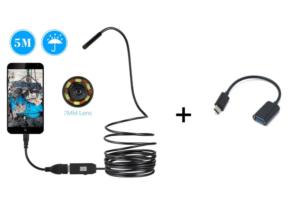 OWSOO USB endoscope camera with 7mm lens, 5 metre cable, and magnetic tip attachment for inspection work